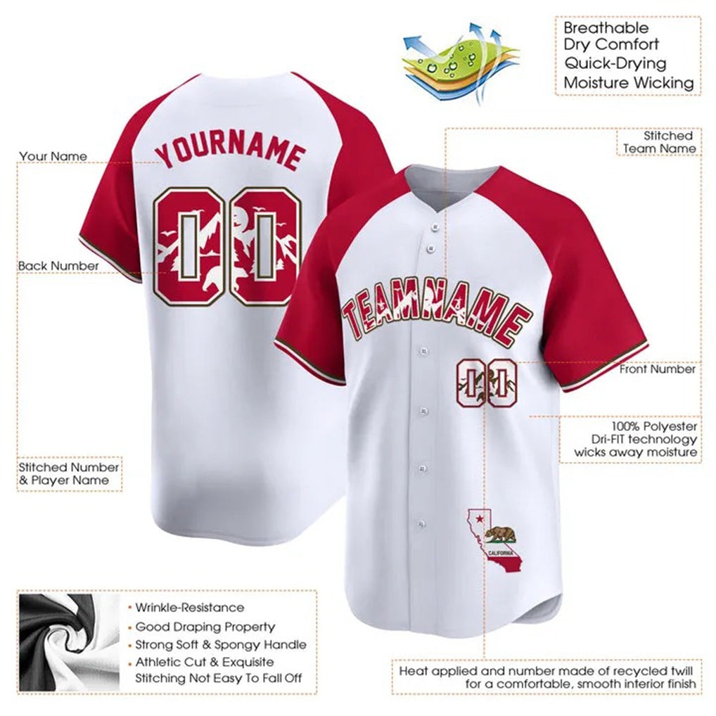 Product details of Custom White Alternate Red California Map Baseball Jersey showing stitched logos, fabric and customization options By Athletrio
