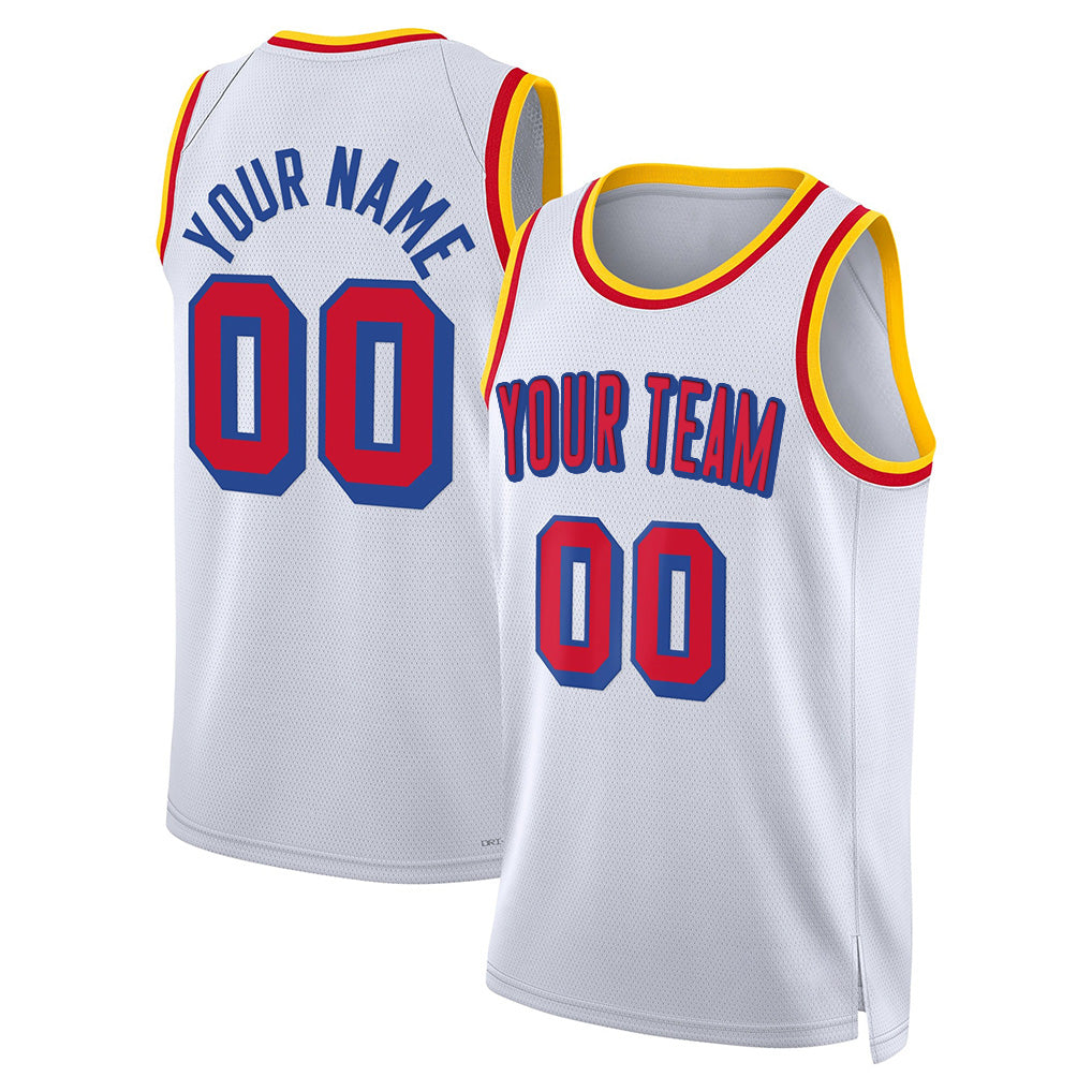 Angled view of Custom White Basketball Jersey – Designed By Athletrio
