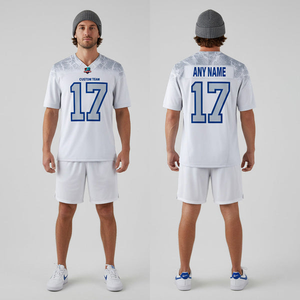 Front and back view of Custom White Collection Limited Football Jersey with Personalized Name and Number – Athletrio