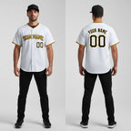 Front and back view of Custom White Gold Baseball Jersey with Personalized Name and Number – Athletrio