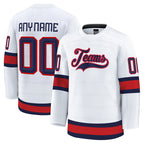 Angled view of Custom White Navy-Red Hockey Jersey – Designed By Athletrio