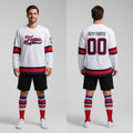 Front and back view of Custom White Navy-Red Hockey Jersey with Personalized Name and Number – Athletrio