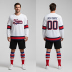 Front and back view of Custom White Navy-Red Hockey Jersey with Personalized Name and Number – Athletrio