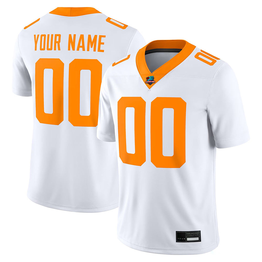 Angled view of Custom White-Orange College Football Game Jersey – Designed By Athletrio