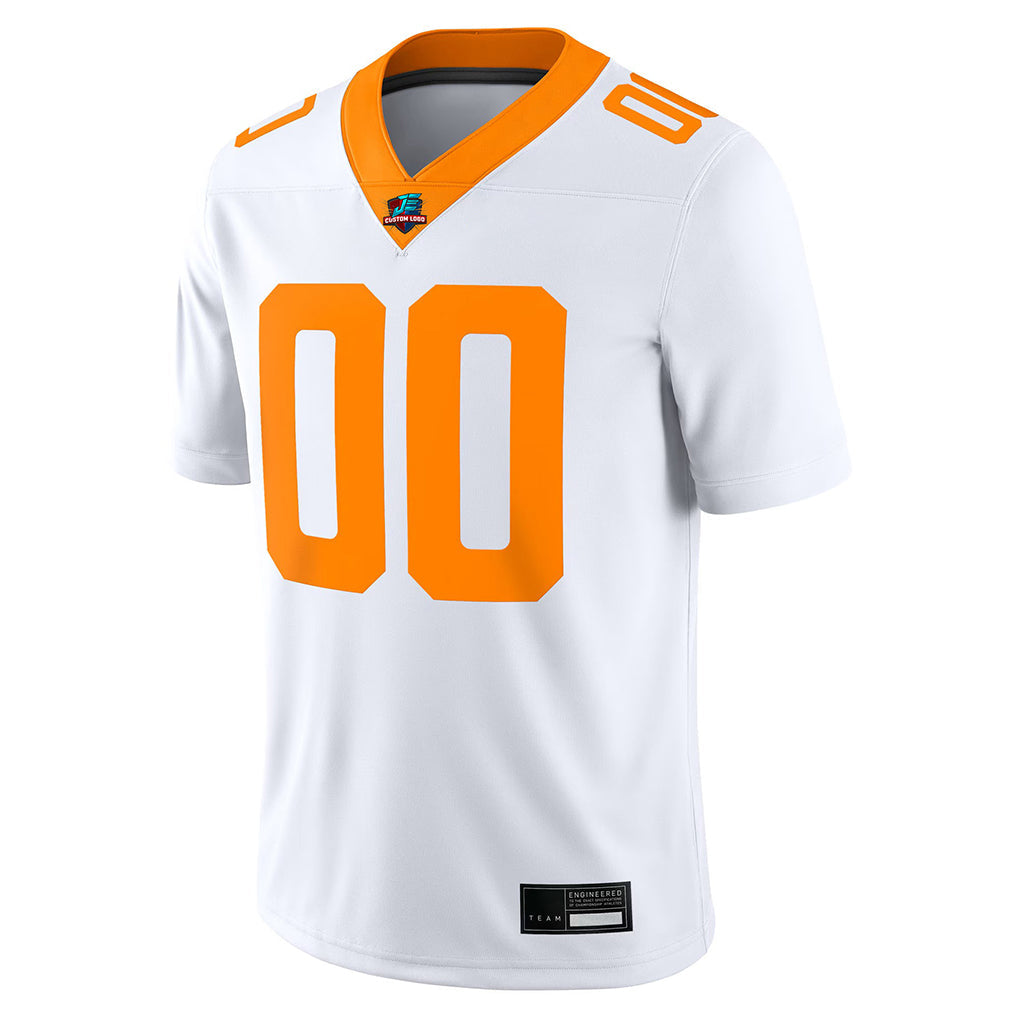 Close-up detail of Custom White-Orange College Football Game Jersey Made By Athletrio