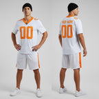 Front and back view of Custom White-Orange College Football Game Jersey with Personalized Name and Number – Athletrio