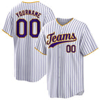 Angled view of Custom White Purple Pinstripe Baseball Jersey – Designed By Athletrio