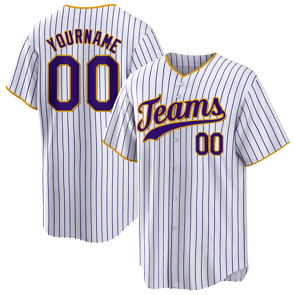 Angled view of Custom White Purple Pinstripe Baseball Jersey – Designed By Athletrio