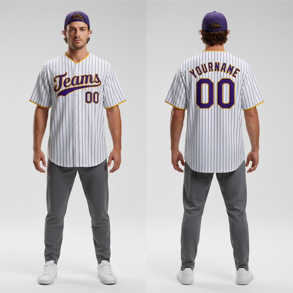 Front and back view of Custom White Purple Pinstripe Baseball Jersey with Personalized Name and Number – Athletrio