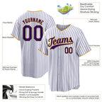 Product details of Custom White Purple Pinstripe Baseball Jersey showing stitched logos, fabric and customization options By Athletrio