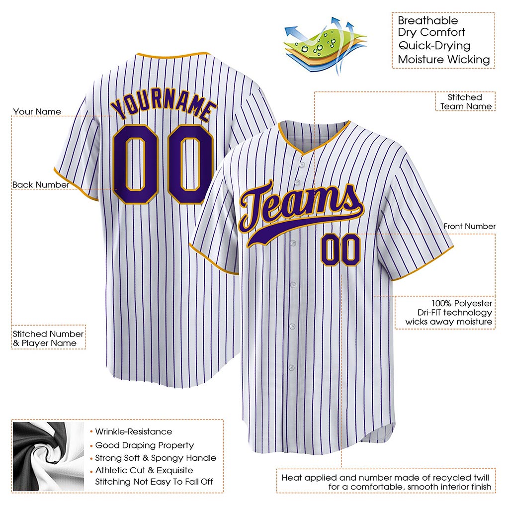 Product details of Custom White Purple Pinstripe Baseball Jersey showing stitched logos, fabric and customization options By Athletrio