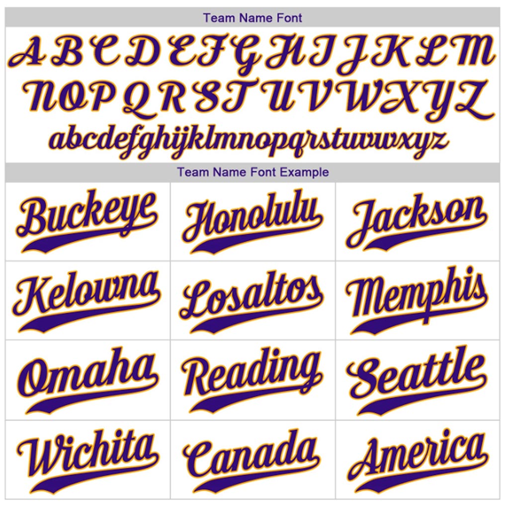 Team name font options for Custom White Purple Pinstripe Baseball Jersey