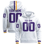 Angled view of Custom White Purple Pullover Hoodie – Designed By Athletrio