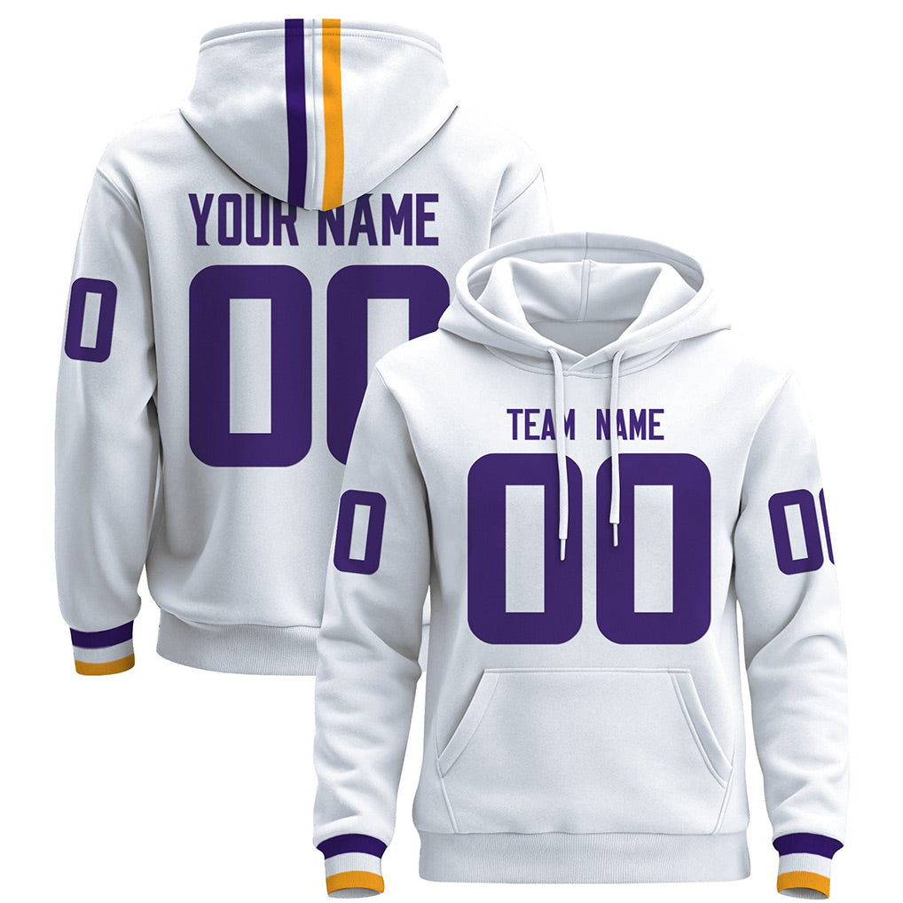 Angled view of Custom White Purple Pullover Hoodie – Designed By Athletrio