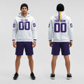 Front and back view of Custom White Purple Pullover Hoodie with Personalized Name and Number – Athletrio