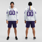 Front and back view of Custom White Purple Pullover Hoodie with Personalized Name and Number – Athletrio