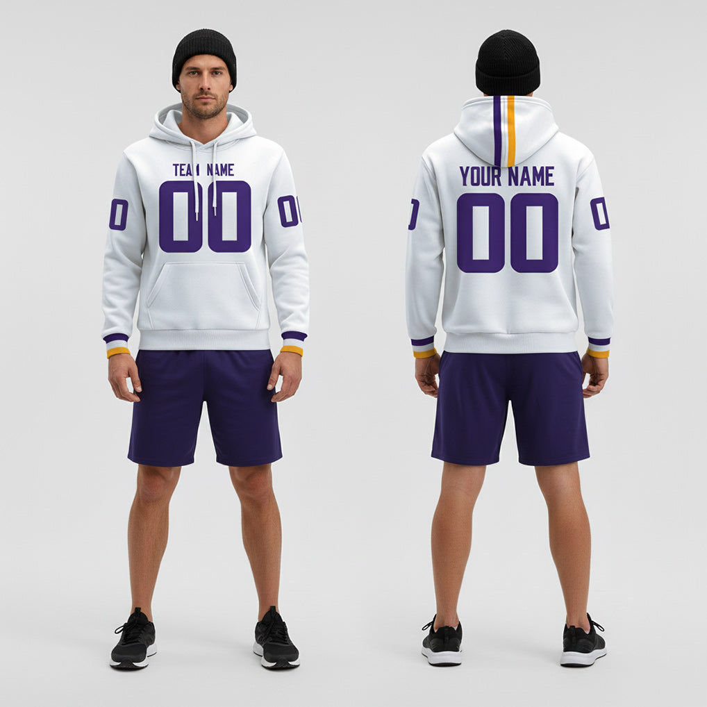 Front and back view of Custom White Purple Pullover Hoodie with Personalized Name and Number – Athletrio