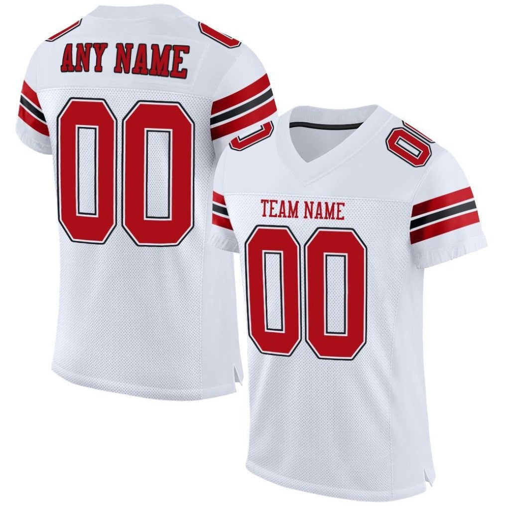 Angled view of Custom White Red-Black Football Jersey – Designed By Athletrio