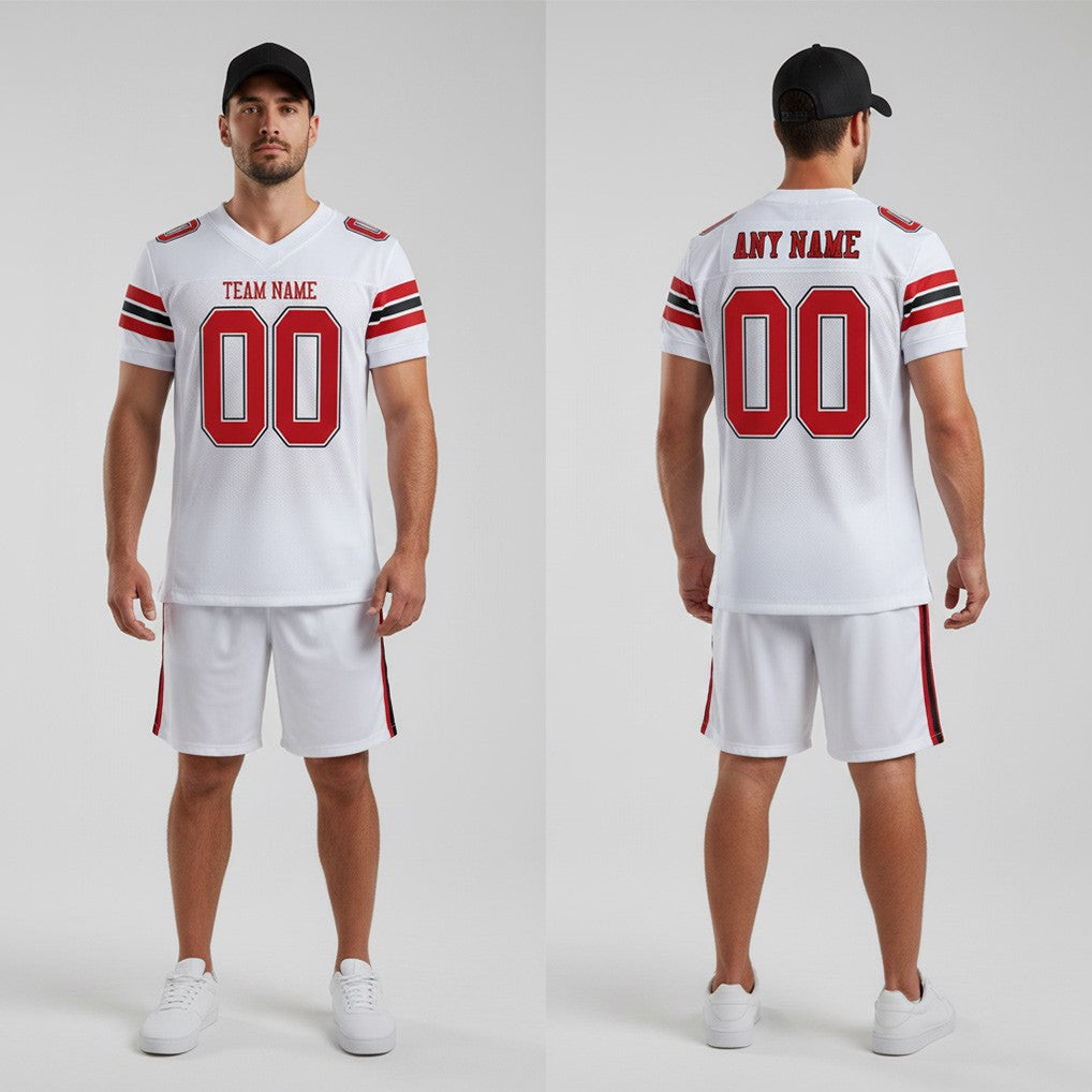Front and back view of Custom White Red-Black Football Jersey with Personalized Name and Number – Athletrio