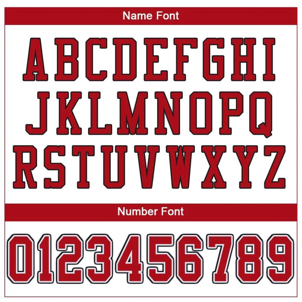 Player name and number font options for Custom White Red-Black Football Jersey