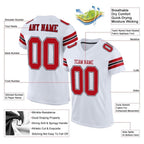 Product details of Custom White Red-Black Football Jersey showing stitched logos, fabric and customization options By Athletrio