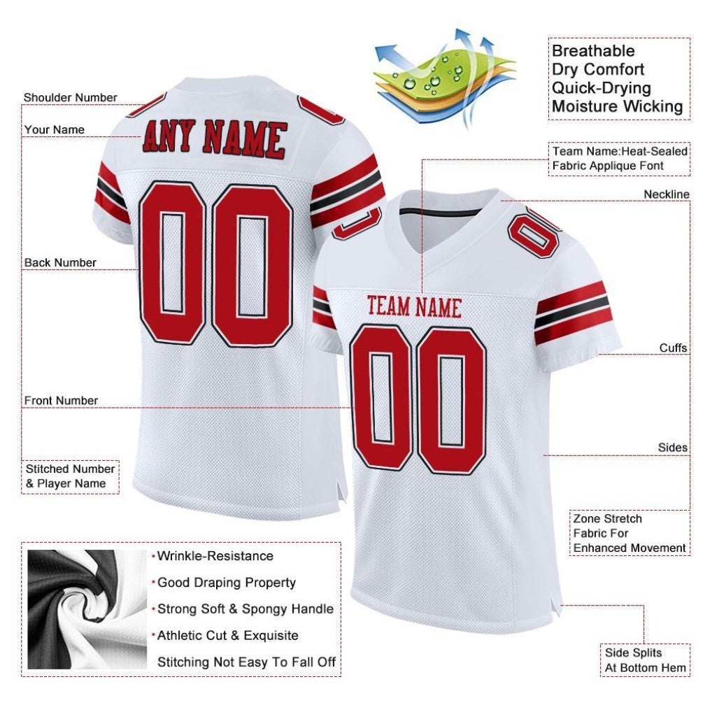 Product details of Custom White Red-Black Football Jersey showing stitched logos, fabric and customization options By Athletrio