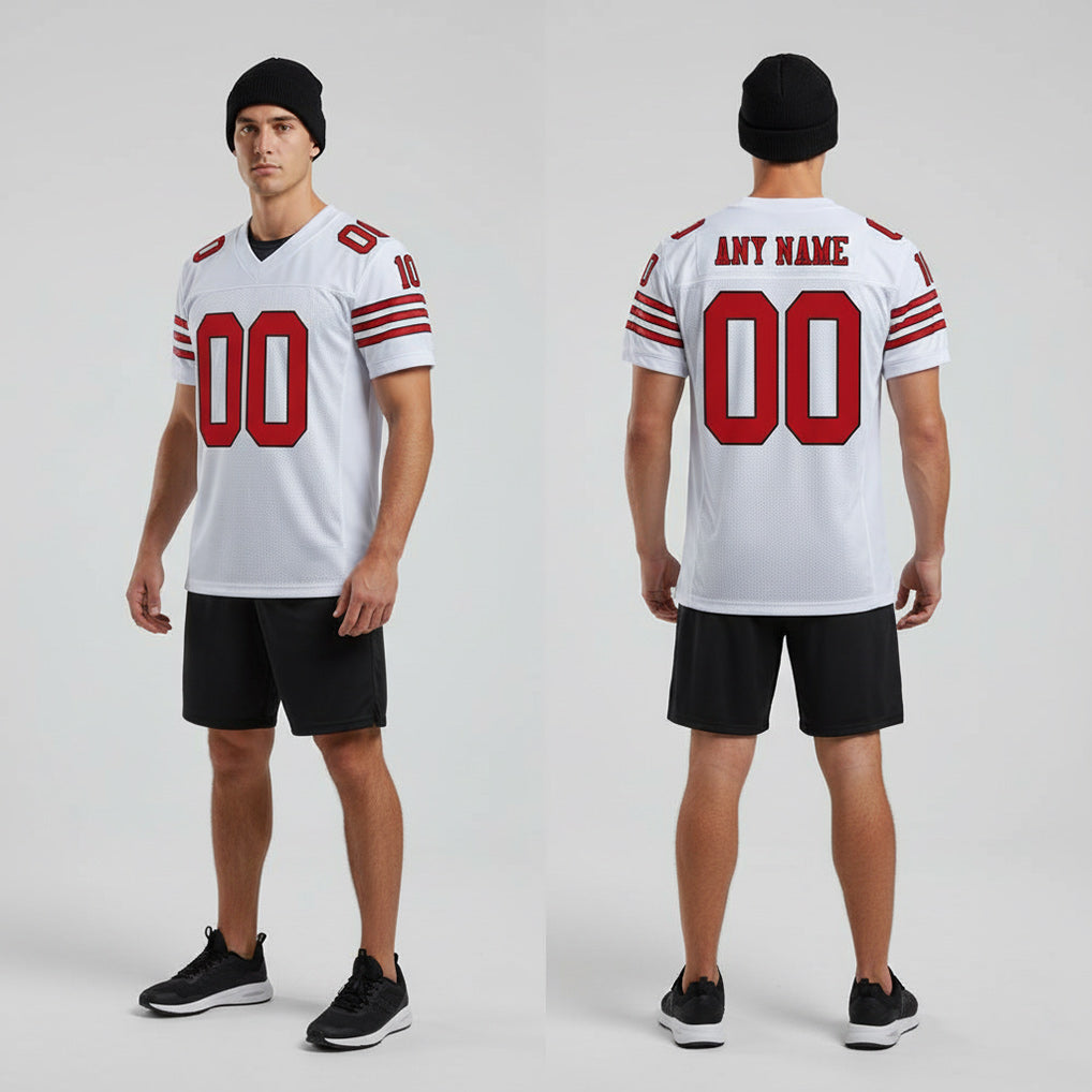 Front and back view of Custom White Red-Black Mesh Football Jersey with Personalized Name and Number – Athletrio