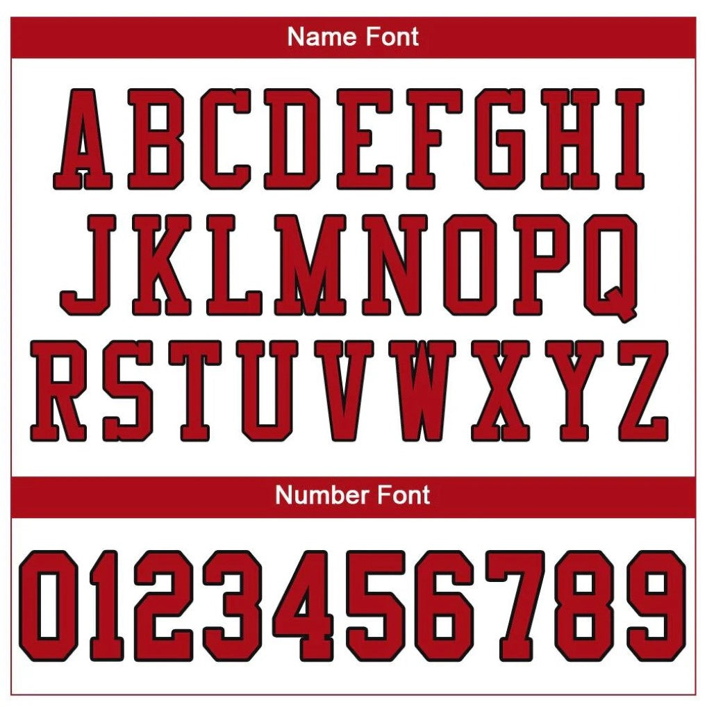 Player name and number font options for Custom White Red-Black Mesh Football Jersey