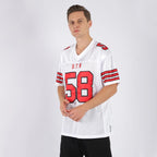 Product details model of Custom White Red-Black Mesh Football Jersey showing stitched logos, fabric and customization options By Athletrio
