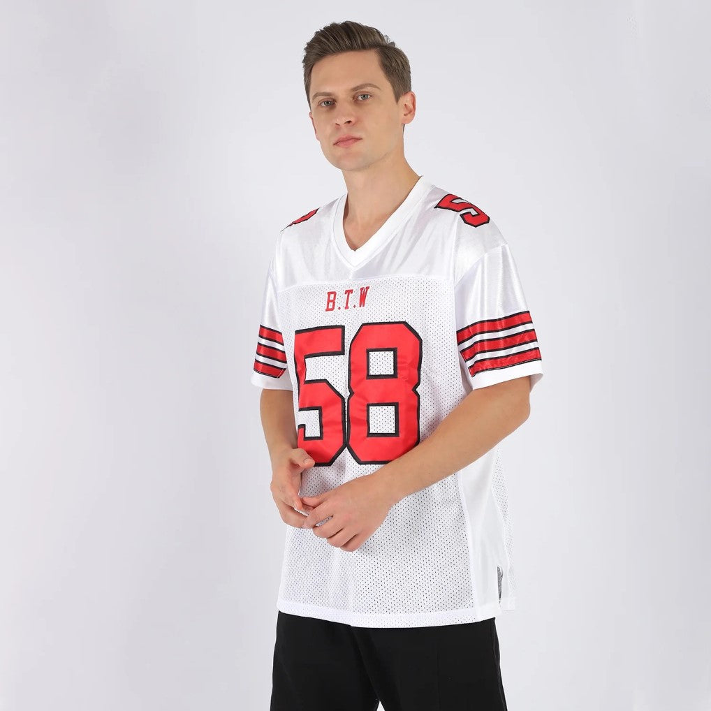 Product details model of Custom White Red-Black Mesh Football Jersey showing stitched logos, fabric and customization options By Athletrio