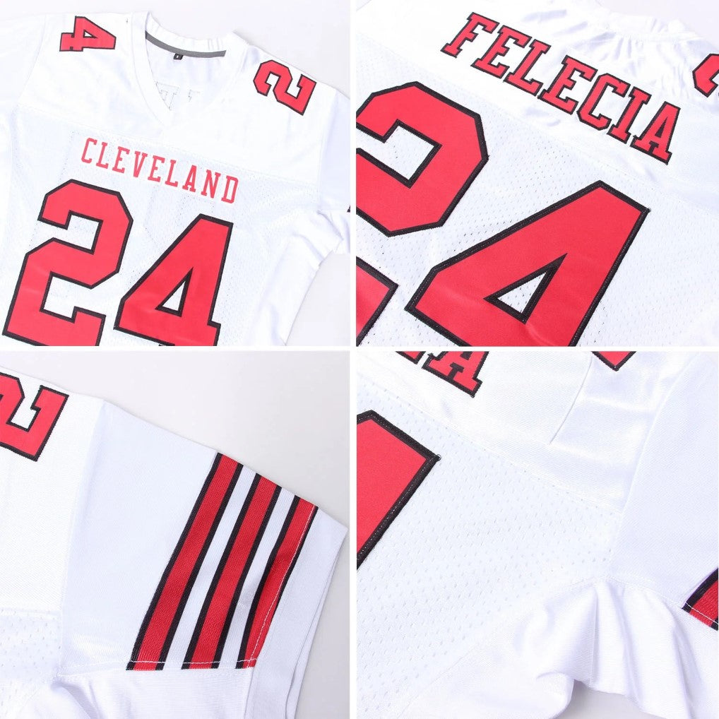 Product details stitched of Custom White Red-Black Mesh Football Jersey showing stitched logos, fabric and customization options