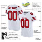 Product details of Custom White Red-Black Mesh Football Jersey showing stitched logos, fabric and customization options