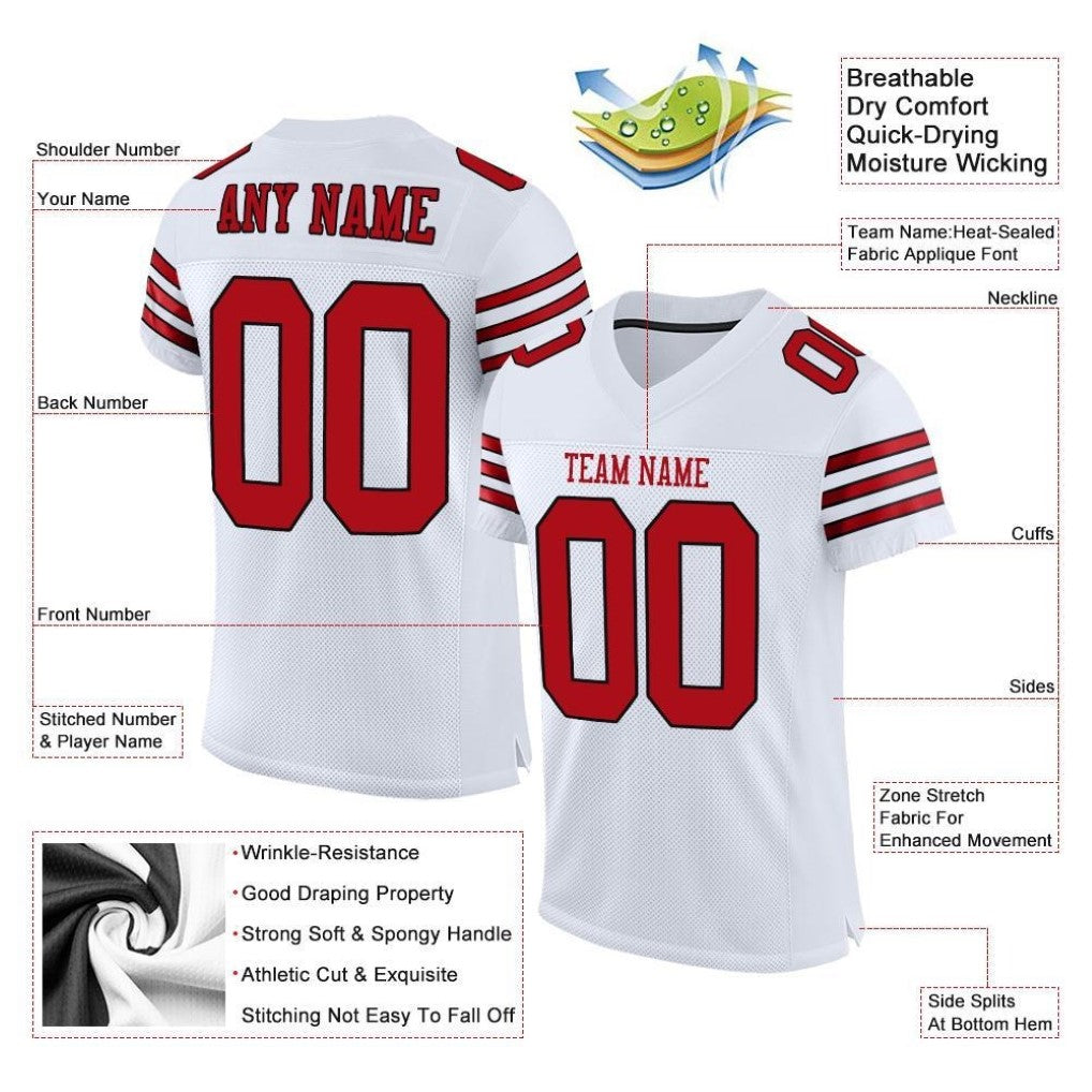 Product details of Custom White Red-Black Mesh Football Jersey showing stitched logos, fabric and customization options