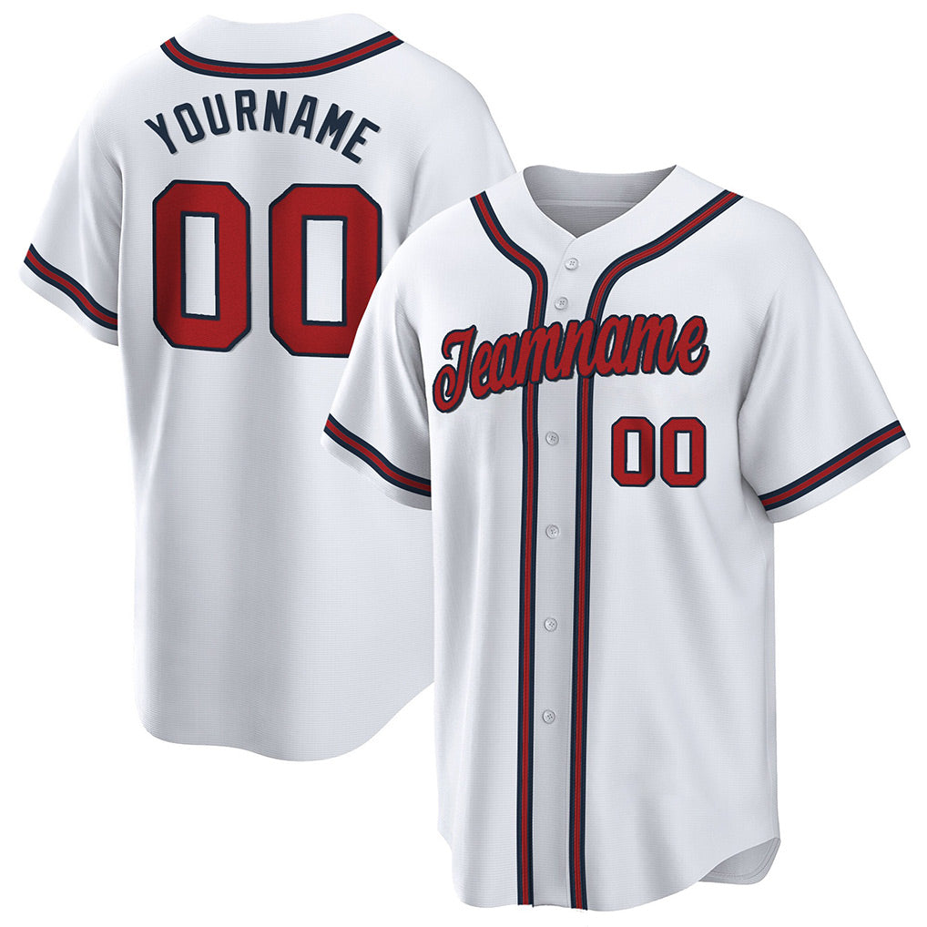 Angled view of Custom White Red-Navy Baseball Jersey – Designed By Athletrio