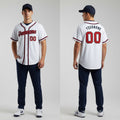 Front and back view of Custom White Red-Navy Baseball Jersey with Personalized Name and Number – Athletrio