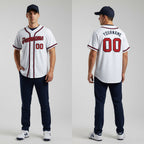 Front and back view of Custom White Red-Navy Baseball Jersey with Personalized Name and Number – Athletrio