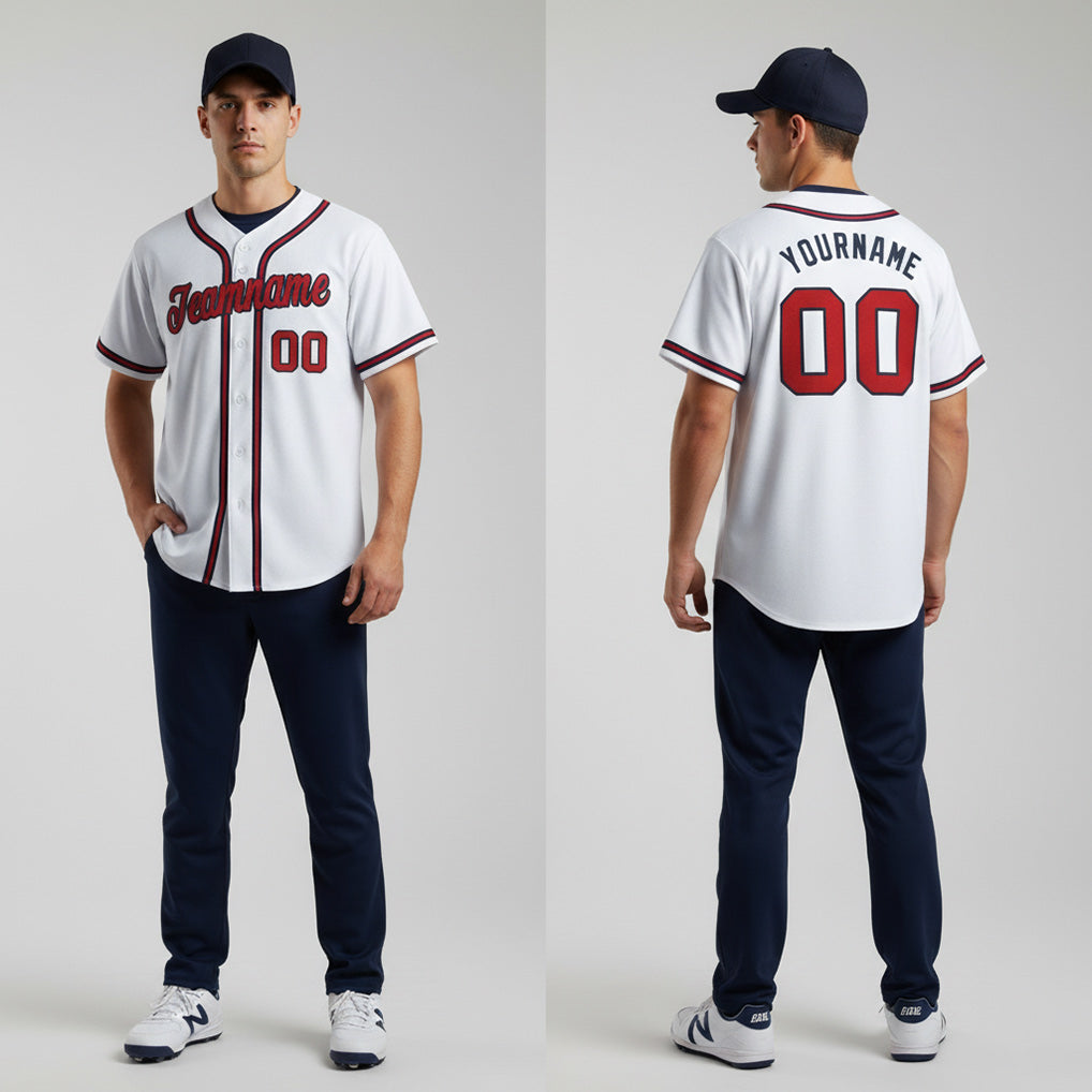 Front and back view of Custom White Red-Navy Baseball Jersey with Personalized Name and Number – Athletrio