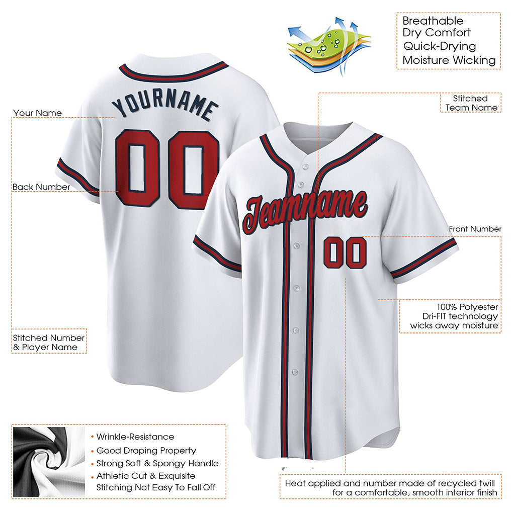 Product details of Custom White Red-Navy Baseball Jersey showing stitched logos, fabric and customization options By Athletrio