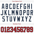 Player name and number font options for Custom White Red-Navy Baseball Jersey