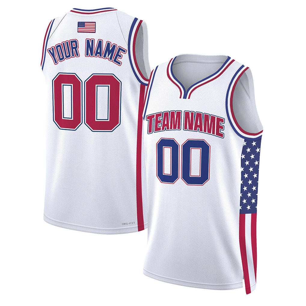 Angled view of Custom White Red-Royal USA Flag Patch Basketball Jersey – Designed By Athletrio