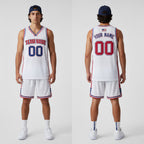 Front and back view of Custom White Red-Royal USA Flag Patch Basketball Jersey with Personalized Name and Number – Athletrio