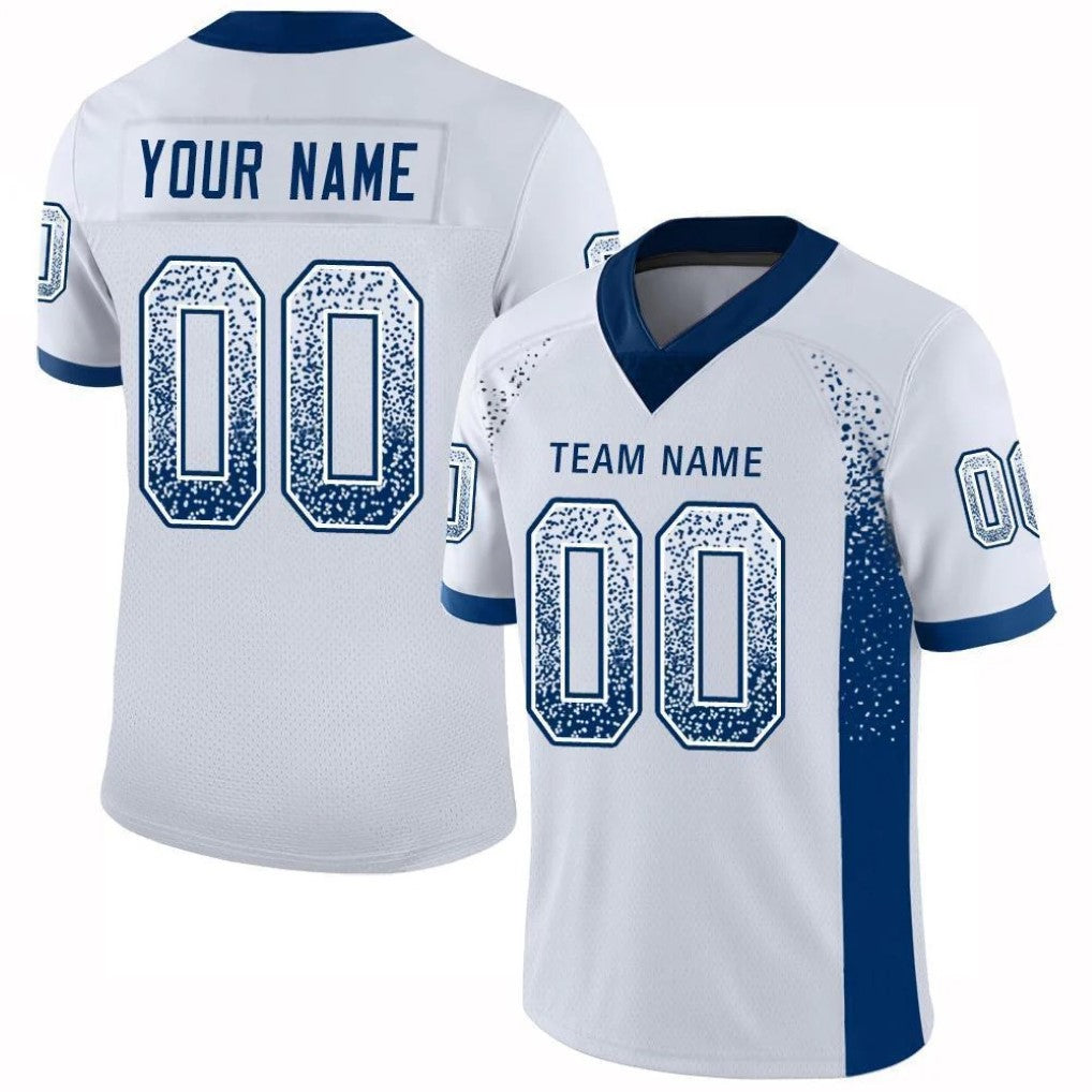 Angled view of Custom White Royal Drift Football Jersey – Designed By Athletrio