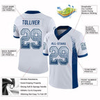 Product details of Custom White Royal Drift Football Jersey showing stitched logos, fabric and customization options By Athletrio