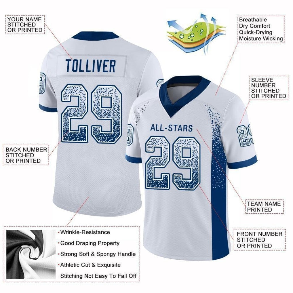 Product details of Custom White Royal Drift Football Jersey showing stitched logos, fabric and customization options By Athletrio