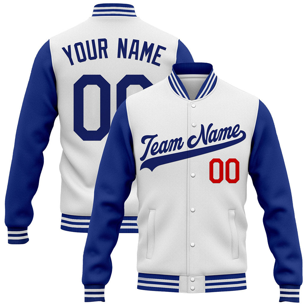 Angled view of Custom White Royal Jacket – Premium Stitch Style