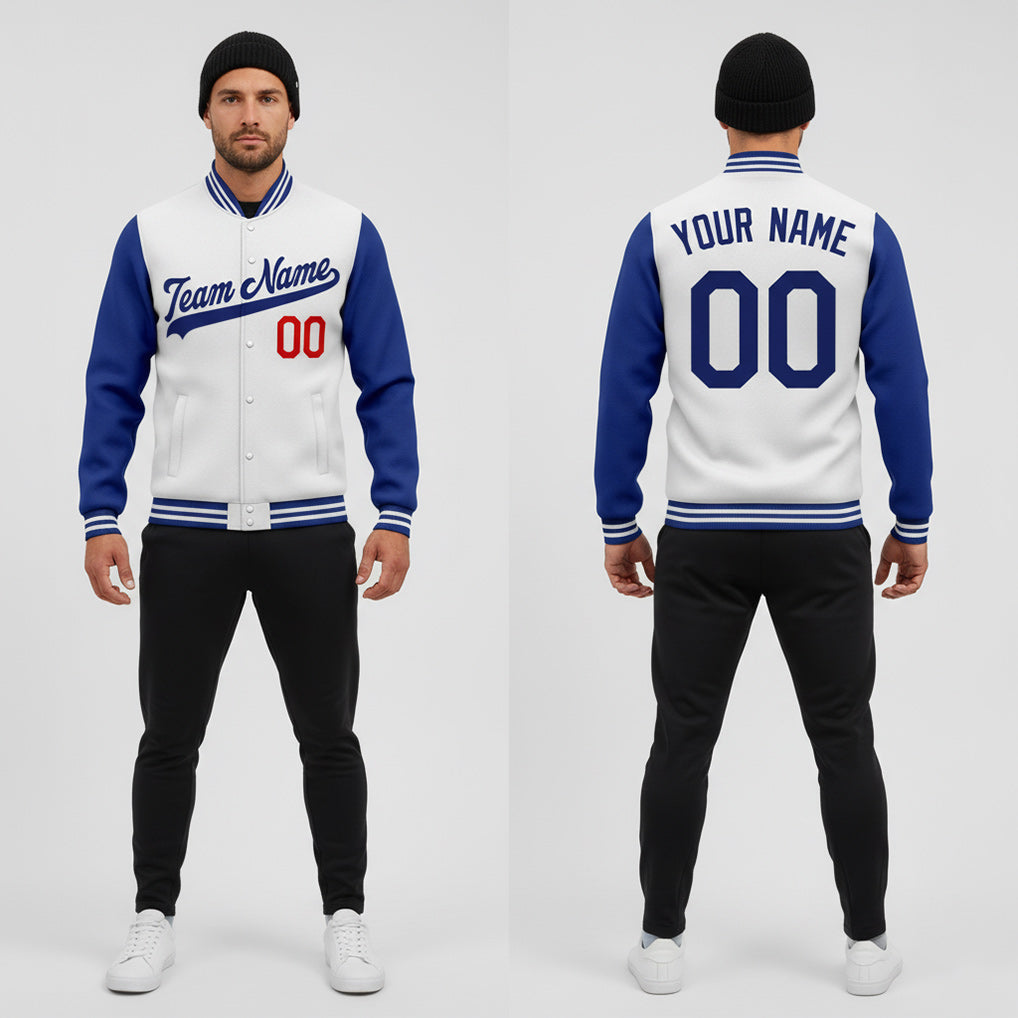 Front and back view of Custom White Royal Jacket with Personalized Name and Number – Athletrio