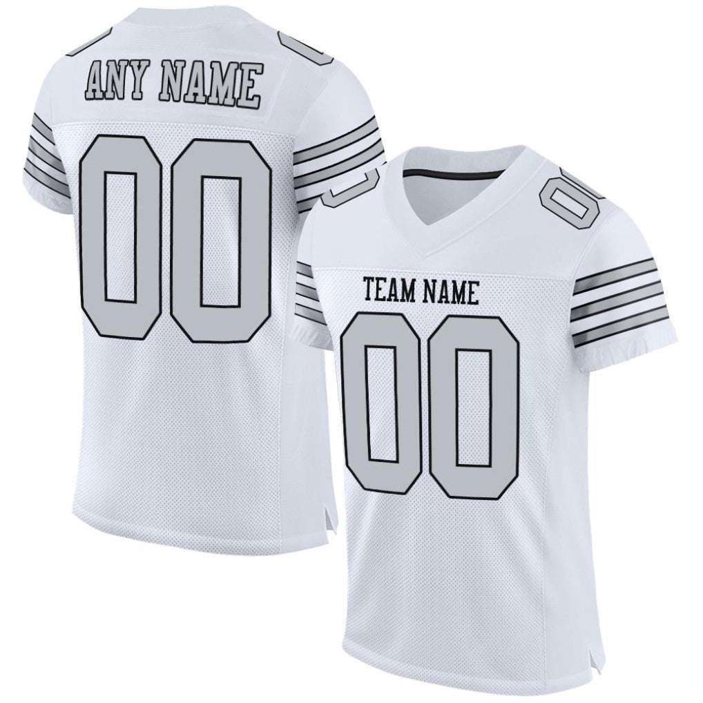 Angled view of Custom White Silver-Black Mesh Football Jersey – Designed By Athletrio
