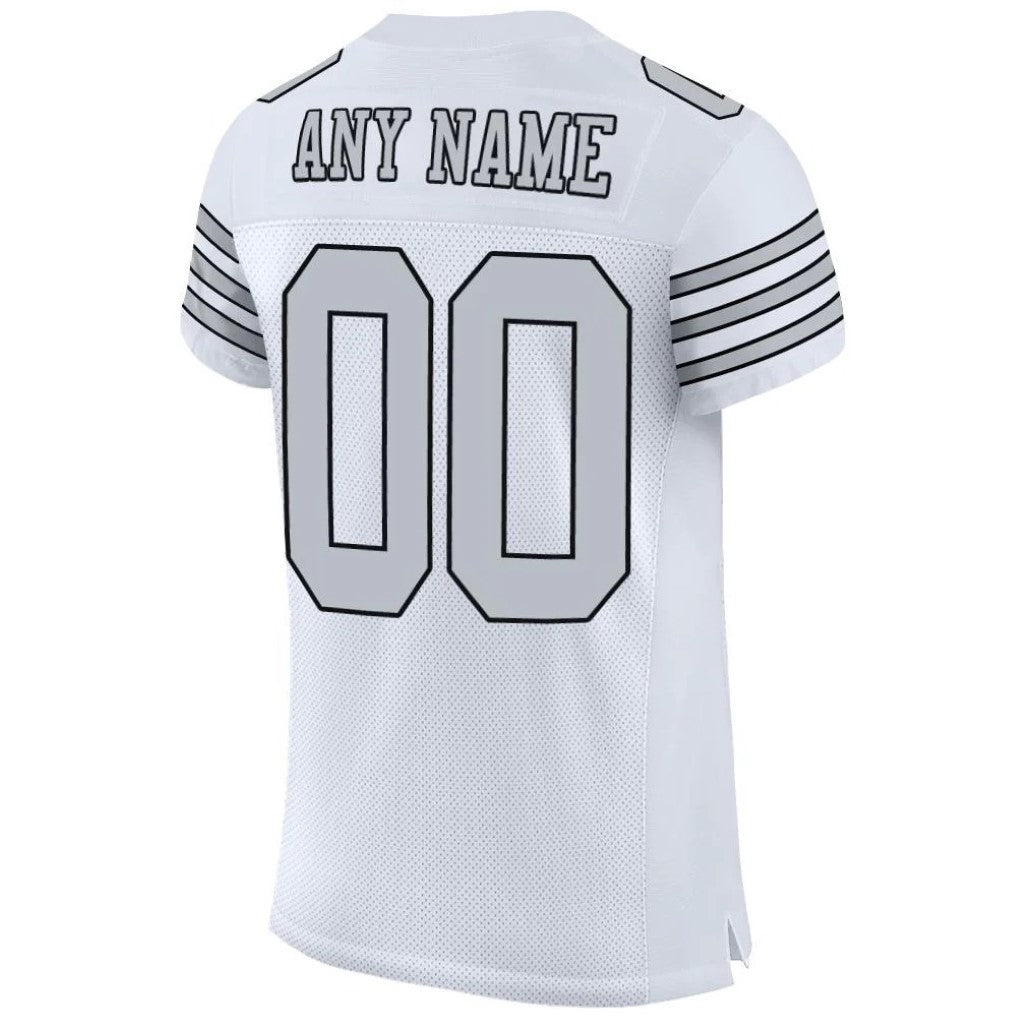 Back view of Custom White Silver-Black Mesh Football Jersey with Any Name and Number By Athletrio