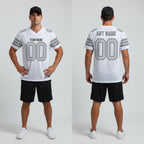 Front and back view of Custom White Silver-Black Mesh Football Jersey with Personalized Name and Number – Athletrio