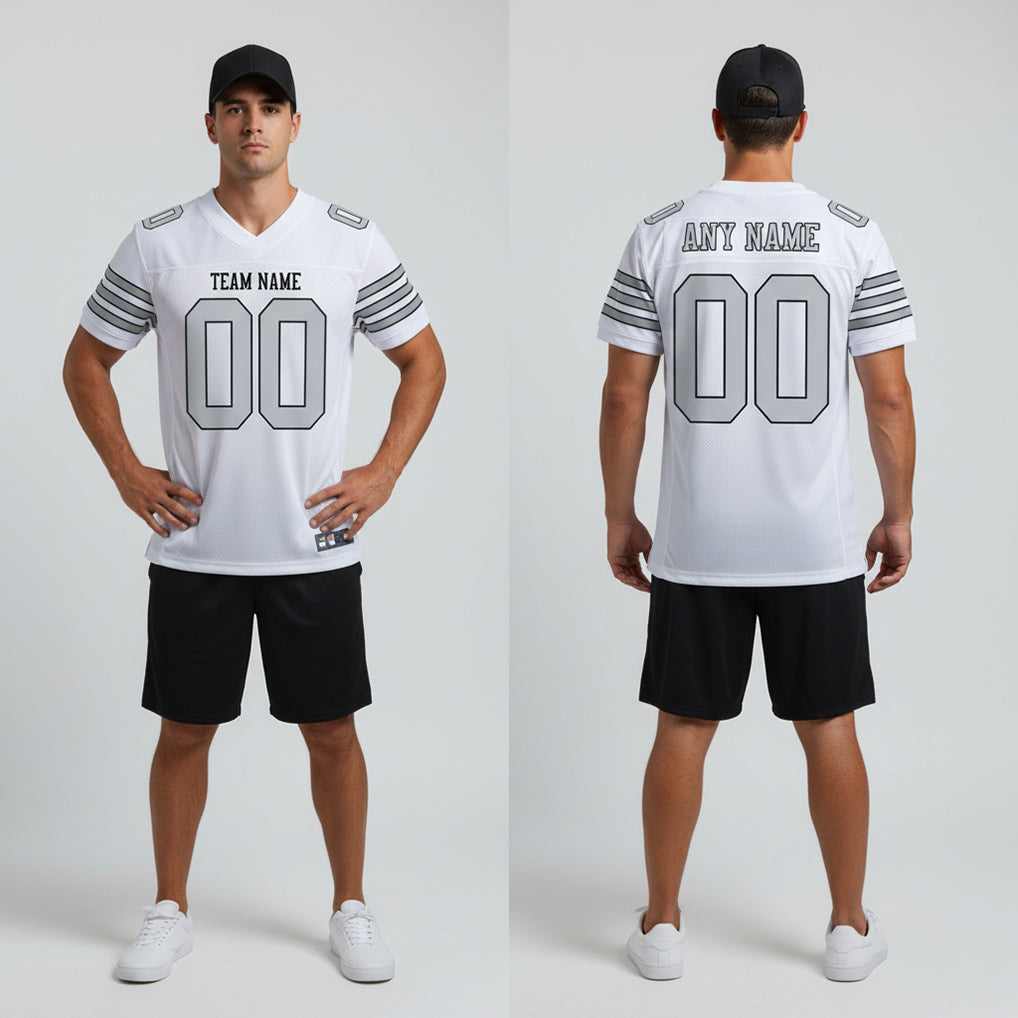 Front and back view of Custom White Silver-Black Mesh Football Jersey with Personalized Name and Number – Athletrio